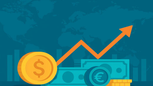 Illustration of global financial markets with rising graph, dollar and euro symbols.
