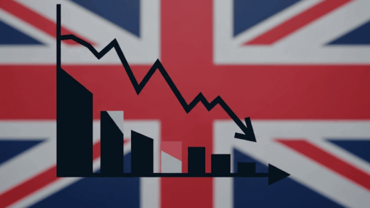 A downward trending graph of the CBI Realized Sales index in front of the UK flag, illustrating the negative impact of economic data on the British Pound (GBP).